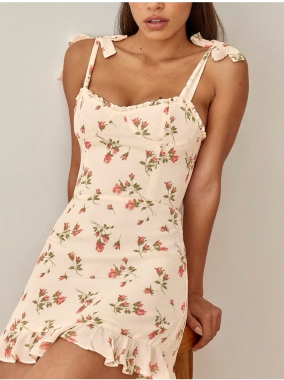 Reformation Cream Floral Mini Dress with Pink Roses